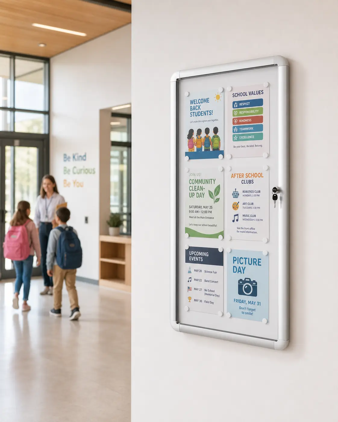Vitrina de anuncios para colegios con cerradura y carteles informativos Vitrina de anuncios de pared con cerradura instalada en un colegio
