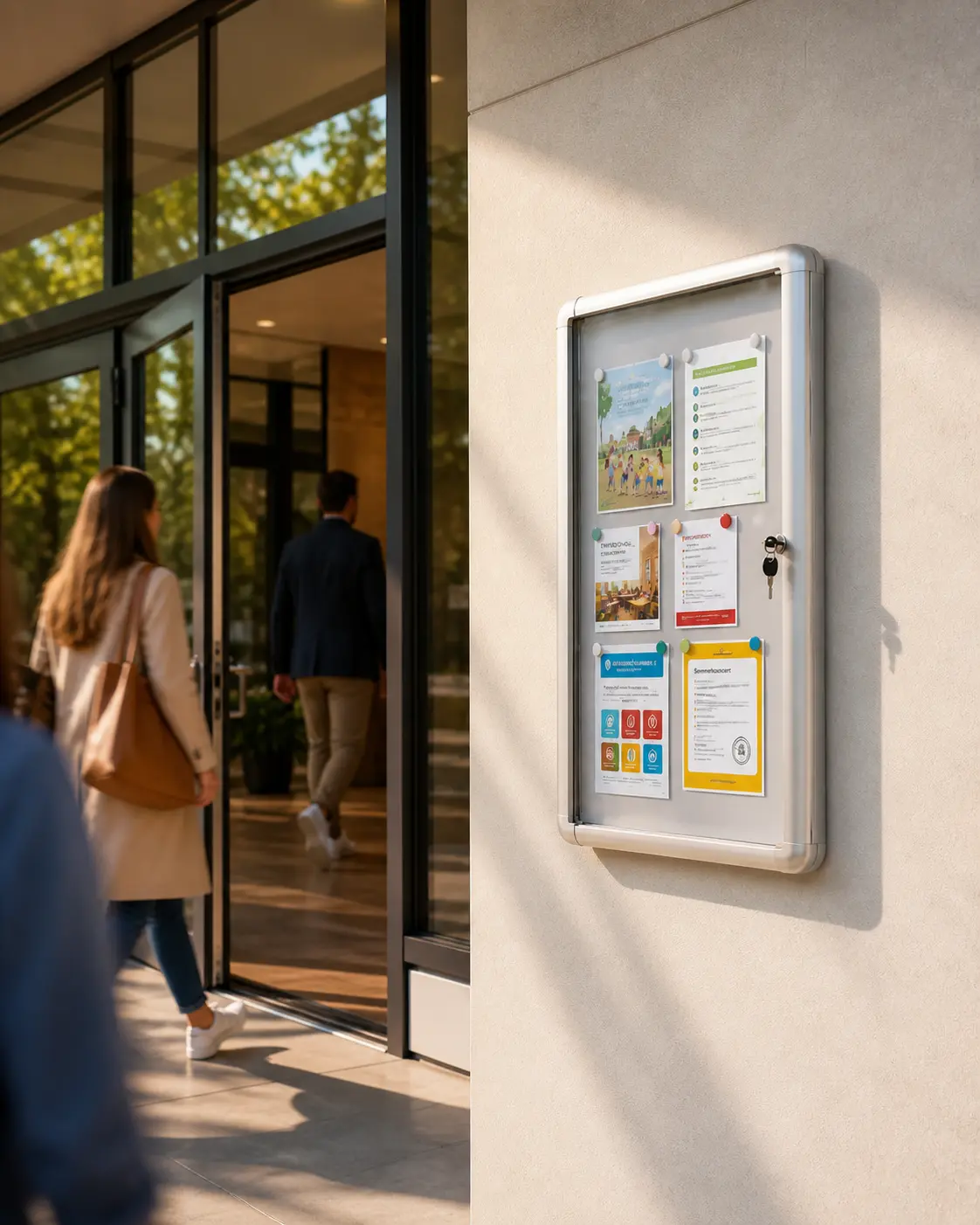 Vitrina de anuncios exterior de pared con cerradura para zonas comunes Vitrina de anuncios exterior con cerradura instalada en entrada de edificio